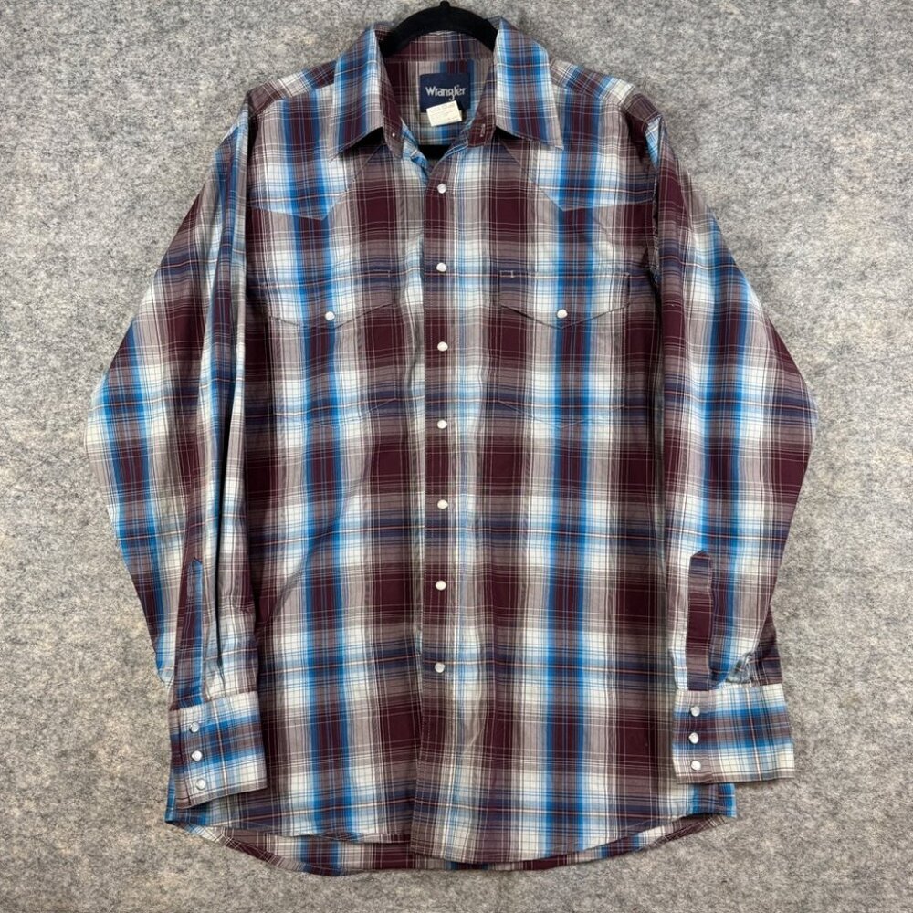 Vintage Wrangler Plaid Western Burgundy Pearl Snap Button Shirt L Tall Cotton - Picture 2 of 14